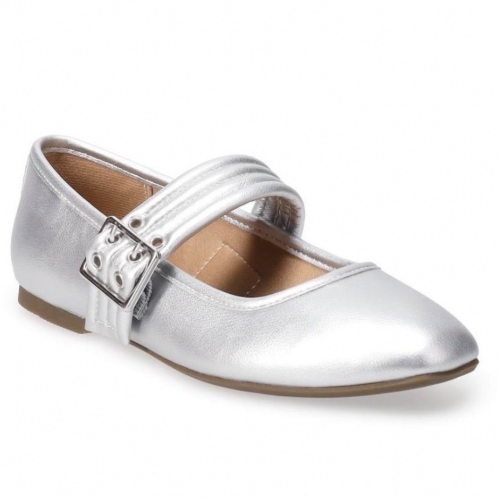Sonoma Vintage Silver Metallic Mary Jane Flats Double Buckle Women's Size 8